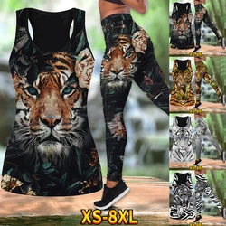 Ladies Outdoor Casual Top Vest with Tiger Head Print Gym Running Butt Yoga Pants Quick Drying Breathable Suit XS-8XL