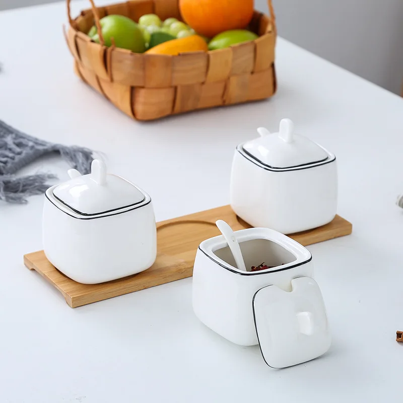 Modern White Porcelain Seasoning Jar with Lid Spice Pepper Jar Sugar Salt Box Seasoning Food Storage Container Kitchen Utensils