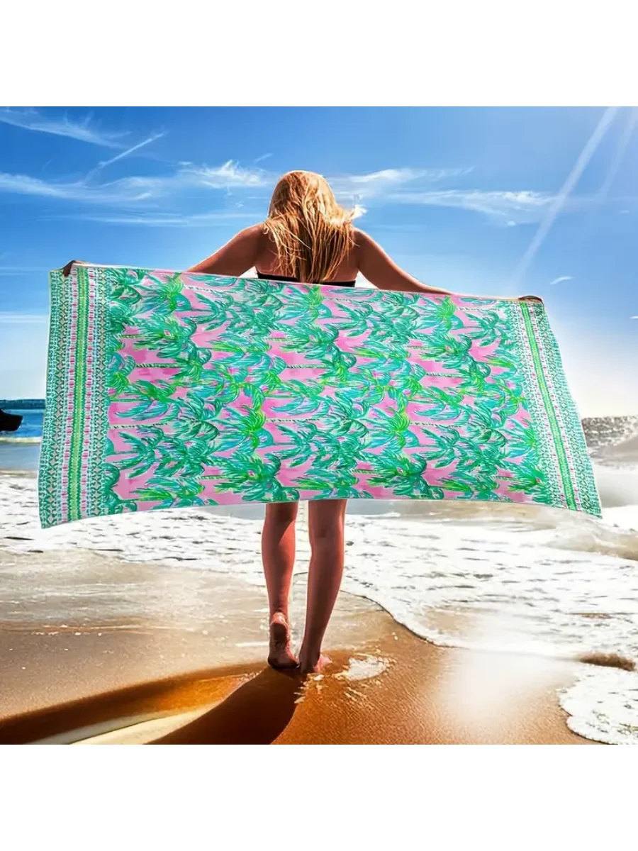 Luxurious  Beach Towel - Vibrant Palm Tree Print, Ultra-Soft Microfiber, Tropical Style - Perfect For Pool & Beach