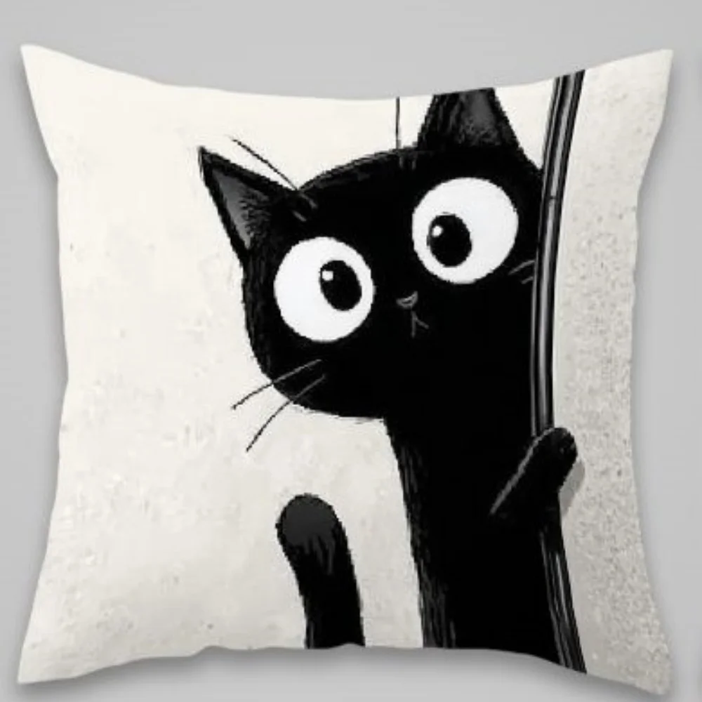 4PCSProbe Curiosity Little Black Cat Pillow Cover 45X45cm Black and White Square Healing Series Living Room Sofa Soft Decoration