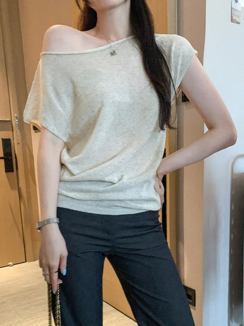 Summer New Oats Apricot Cuffed Shoulder Knitted Short Sleeve T-Shirt Women Lazy Style Thin Shoulder Exposure Knitted Top