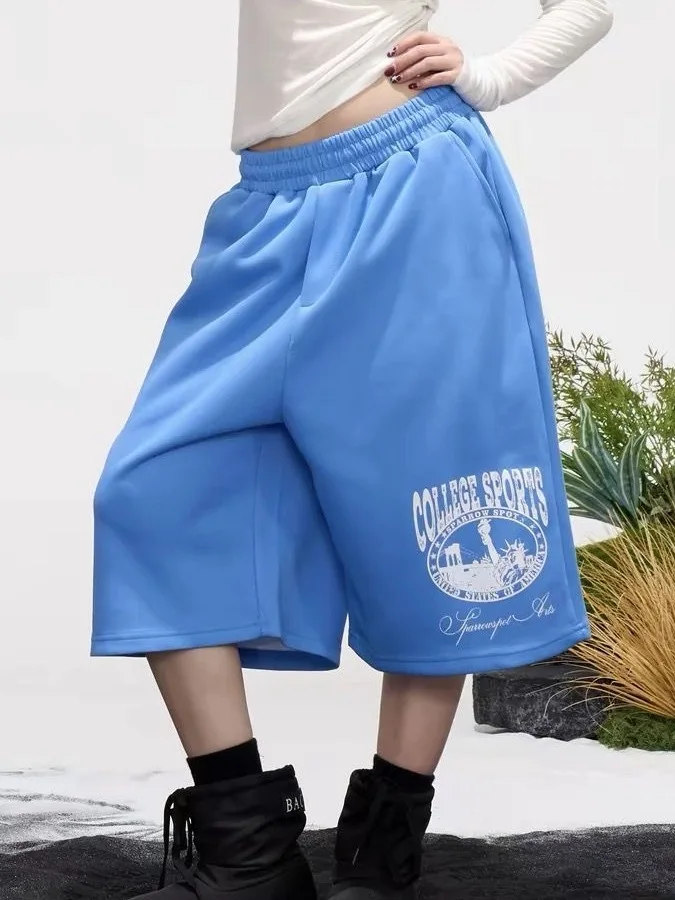 Retro American Sports Style Wide Leg Five Shorts Loose Elastic Waist Men Women Summer Street Fashion Shorts Trendy Cotton Shorts