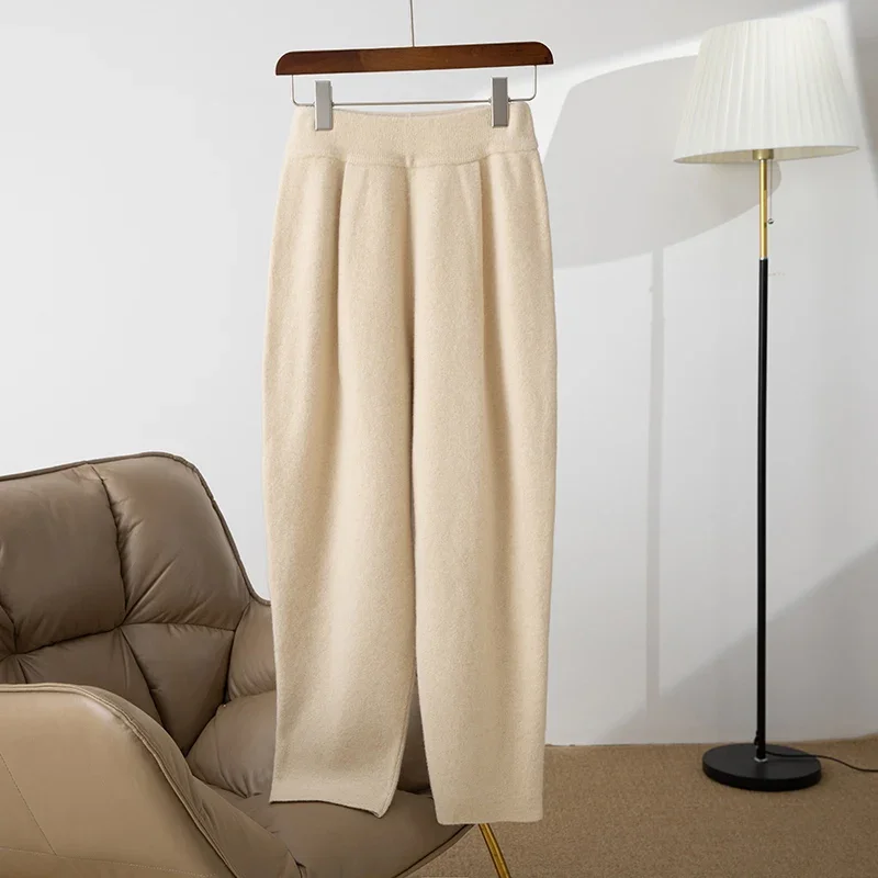 

Осенне-зимние новые женские трикотажные брюки из 100% чистой шерсти, классические повседневные шаровары, однотонные свободные брюки.