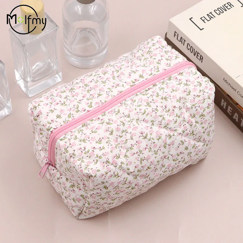 Cosmetic Bag Women Puffy Quilted Makeup Handbag Storage Organizer Flower Printed Women Cosmetic Pouch Travel Beauty Toiletry Bag