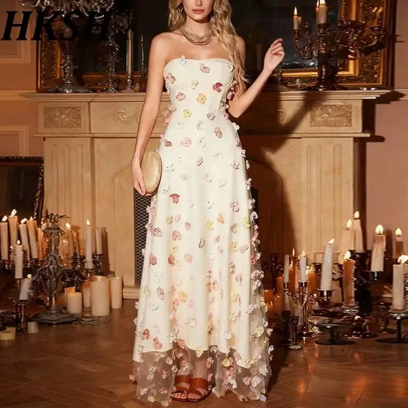 

HKSH Women Long Dress Strapless Three-dimensional Flower Waist Cinching Pleated Luxury High-end Ins Party Dresses Summer HK23133