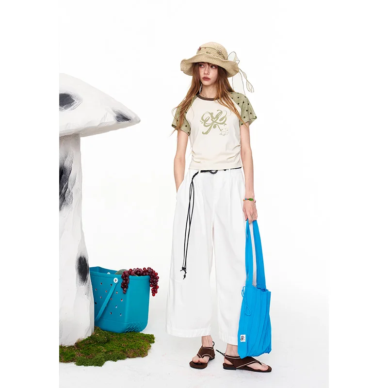 ELFSACK High Waist Wide Leg White Pants, Drawstring Decorative Loose Trousers, Casual Linen-Look Pants for Women