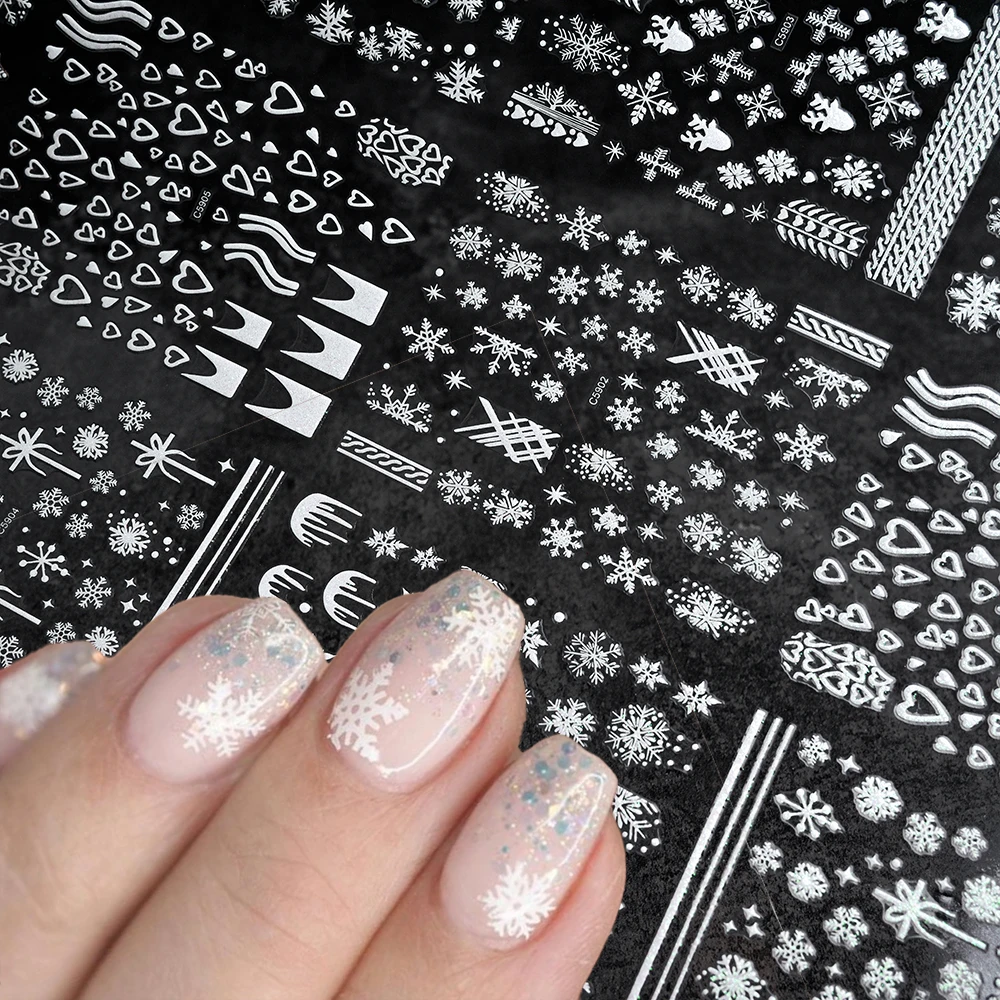 

3D Snowflake Christmas Nail Sticker French Heart Love Elk White Snowflake Winter Nail Slider Xmas Festivel Manicure Decoration#*