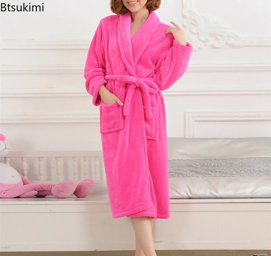 2024 Autumn Winter Couple Flannel Robes Sleepwear Thickened Coral Fleece Warm Nightdress Nightwear Loose Home Dress Lounge Wear