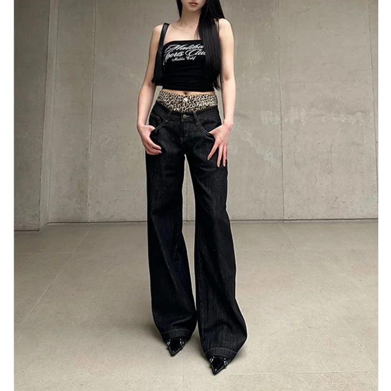 

Женские прямые джинсы с леопардовым принтом в американском стиле High Street, летние повседневные брюки в пол в стиле ретро из двух частей