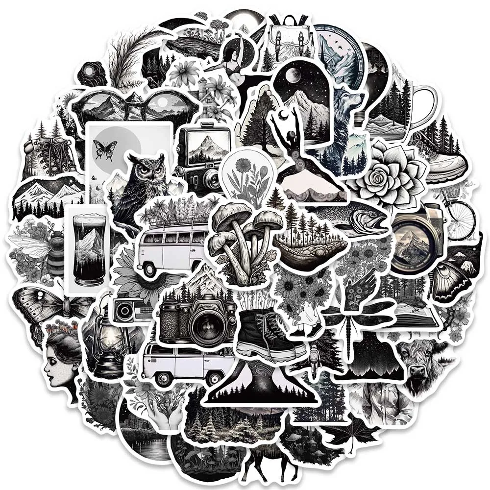 60pcs Black and White Cartoon Neture Adventure Graffiti Stickers For Laptop Phone Guitar Luggage Diary Waterproof Vinyl Decal