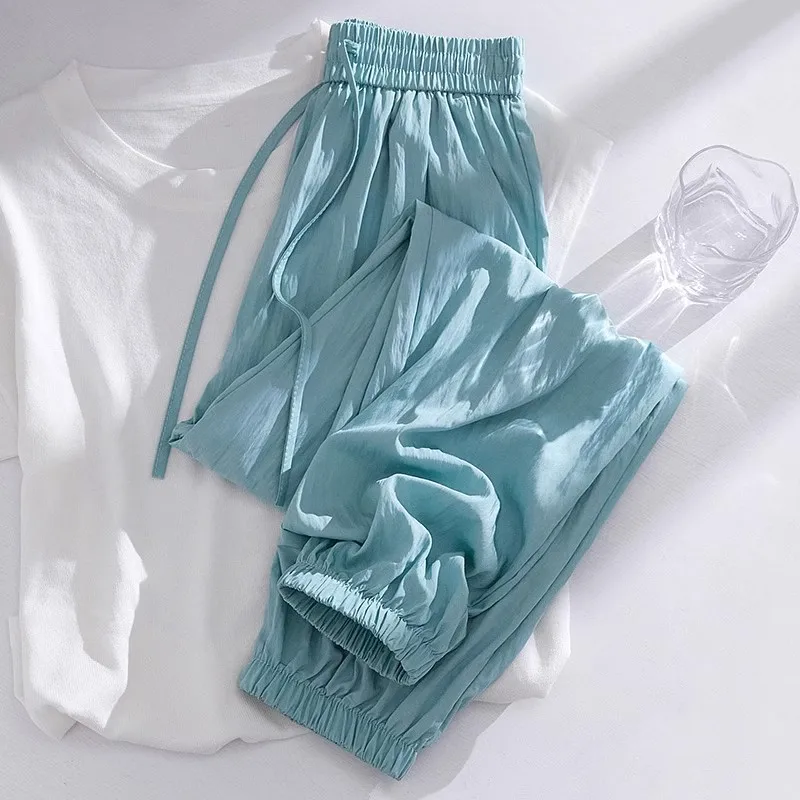 2026 Comfy Summer Quick-drying Wide-leg Trousers Women Thin Casual Sport Pants Elastic-waist Loose Bundle Foot Harem Pants M-5XL