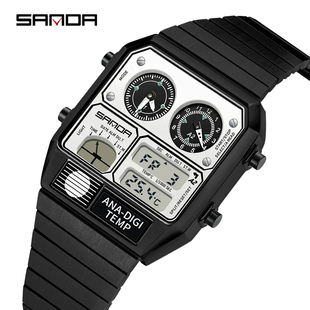 SANDA Fashion Square Electronic Watch Multi functional Waterproof LED Temperature Gauge Chronograph Men's Electronic Watch 3192