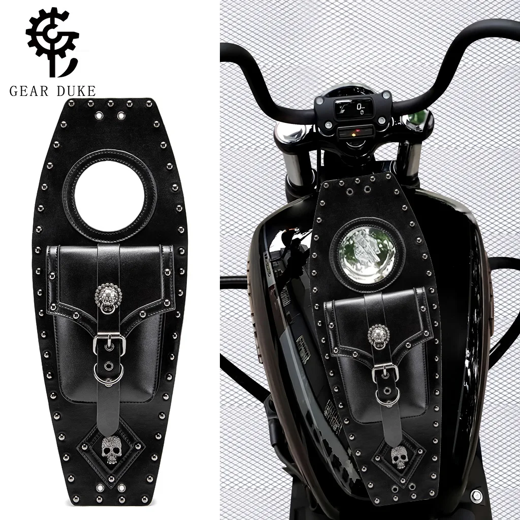 Universal Motorbike Fuel Tank Protector Pad Black PU Leather Rivet Trim Detachable Storage Pocket Vintage Metal Ornament Badge