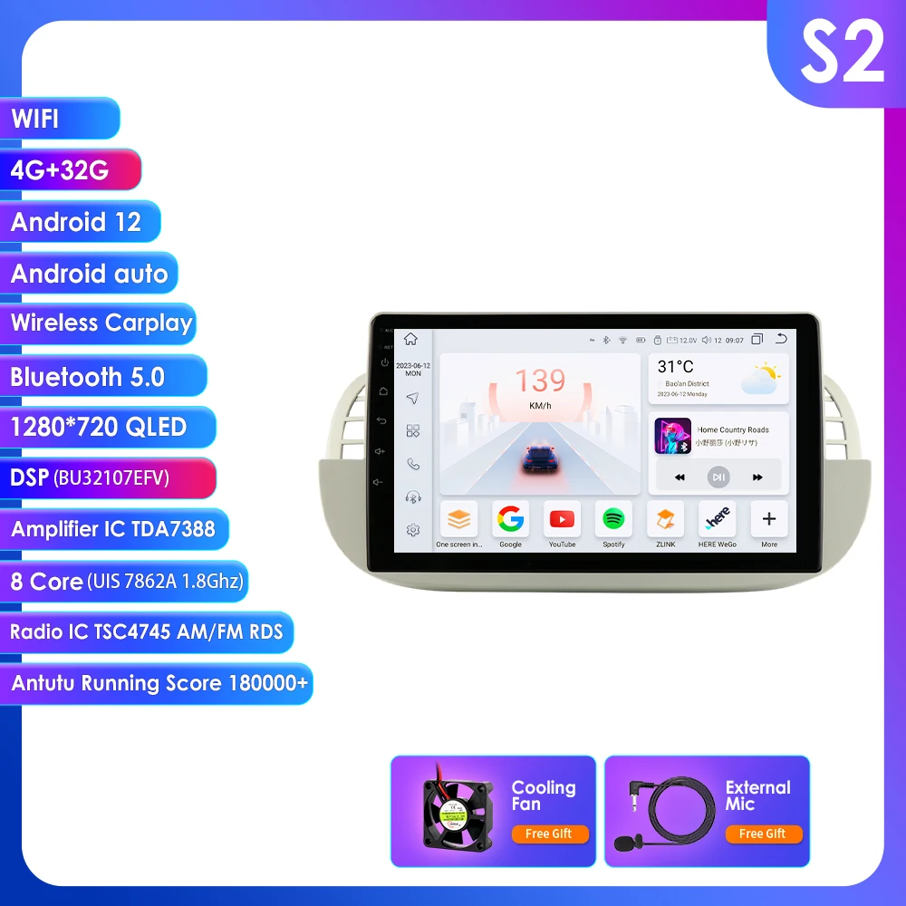 4G 9 Inch 2din Android Auto Multimedia Speler Voor Fiat 500 Navigatie Gps Carplay Auto Radio Rds Dsp Stereo Video Audio Head Unit