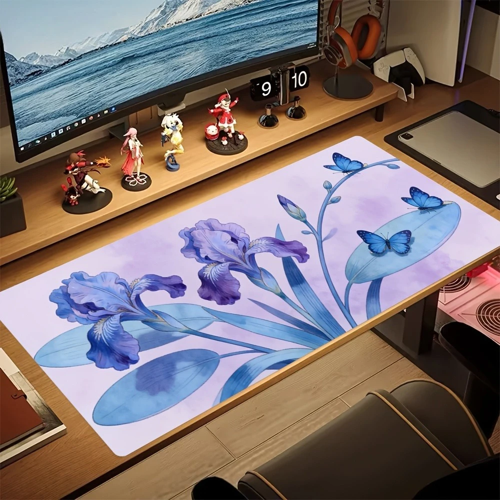 Decorated with blue and purple iris flowers and butterfly patterns alfombrillas para escritorio decoração setup gamer