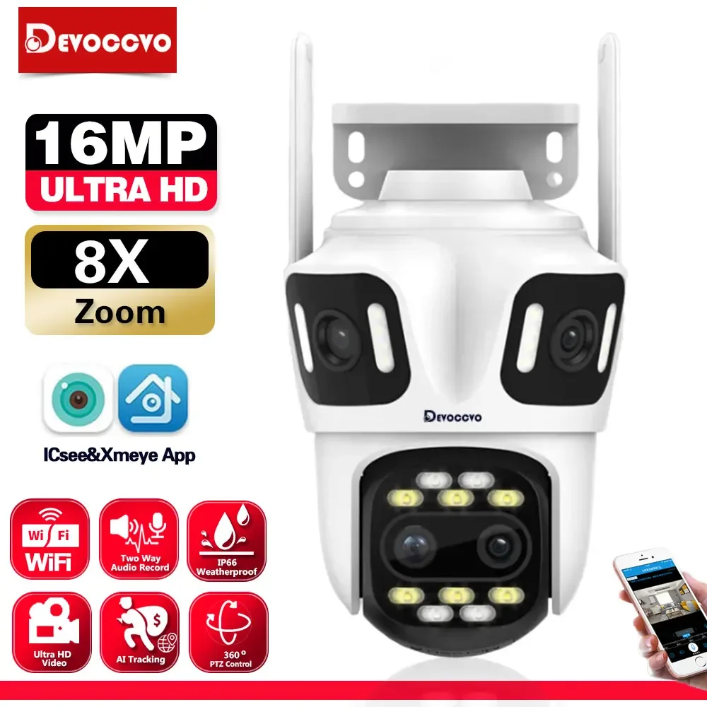 8K 16MP Video Surveillance Camera WiFi CCTV 8X Zoom Outdoor Wireless 360 Security IP Camera PTZ Four Lens Wi-Fi Cameras ICSee