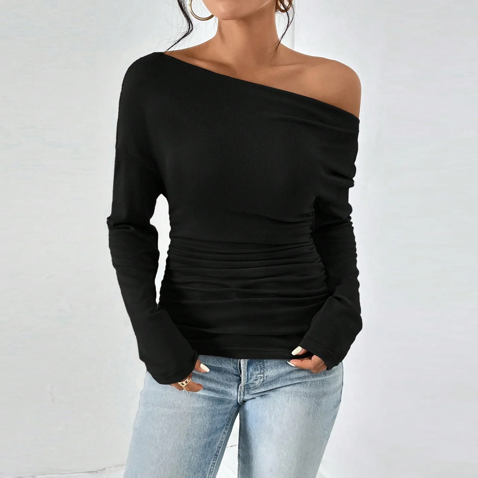 Ruched Women's Sexy Off Shoulder T Shirt Tops Long Sleeve Asymmetrical Slim Fit Streetwear Fall Winter Blouse Tight T Shirts