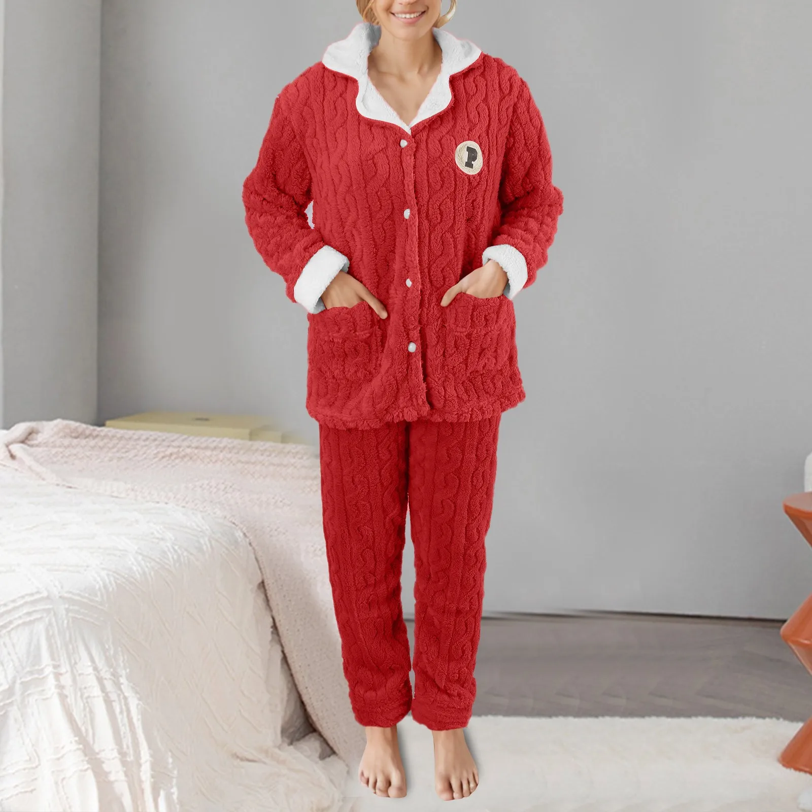 Women Fuzzy Pajama Set Warm Long Sleeve Sleepwear Plush Loungewear Thermal Nightwear With Pockets Lace Pajama Set for Women