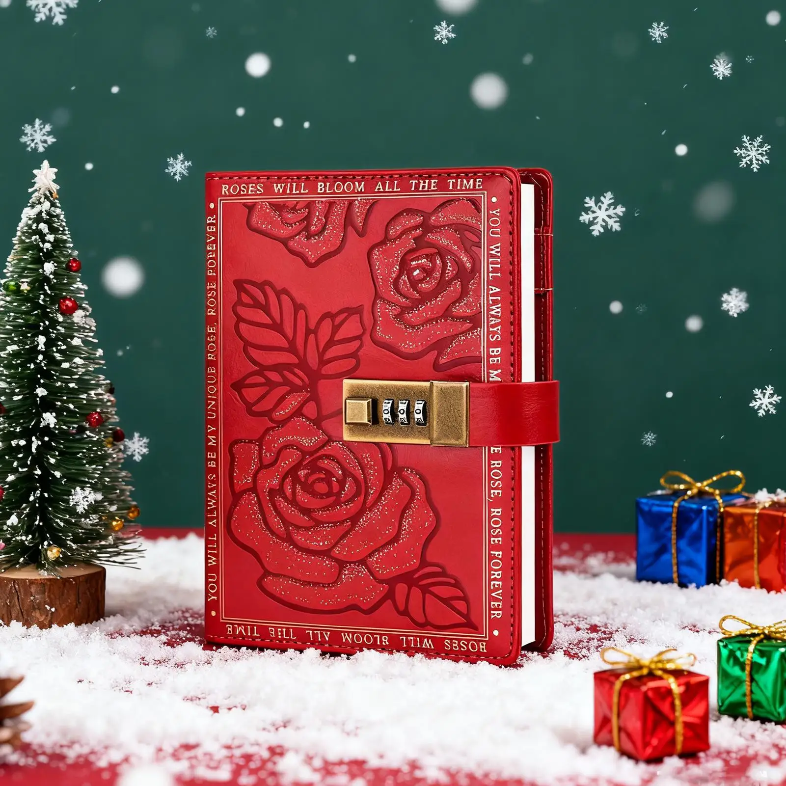 Diario con codice di blocco Copertina in pelle PU Diario con serratura Fiori e foglie Piante Etichetta Libro Blocco Diario di memoria Manuale