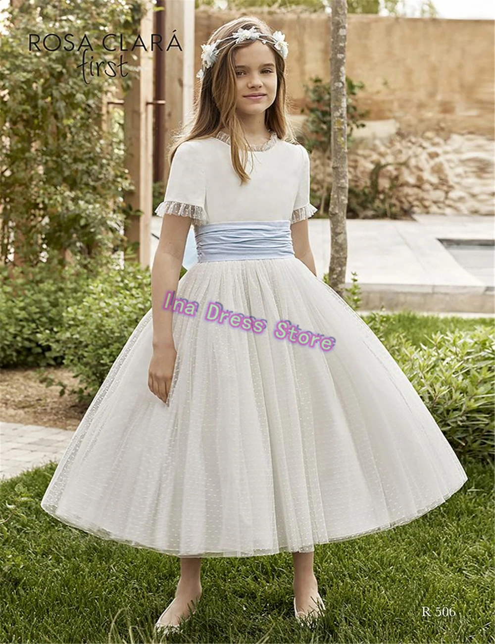 New Elegant First Communion Gowns Tulle Lace Short Sleeve Wedding Flower Girl Dress Little Princess Girls Birthday Evening Gowns