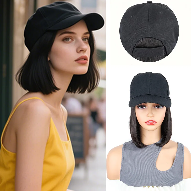 

Синтетический короткий прямой парик-каре с кепкой-бейсболкой, термостойкий, регулируемый, для повседневного использования, для женщин и девушек