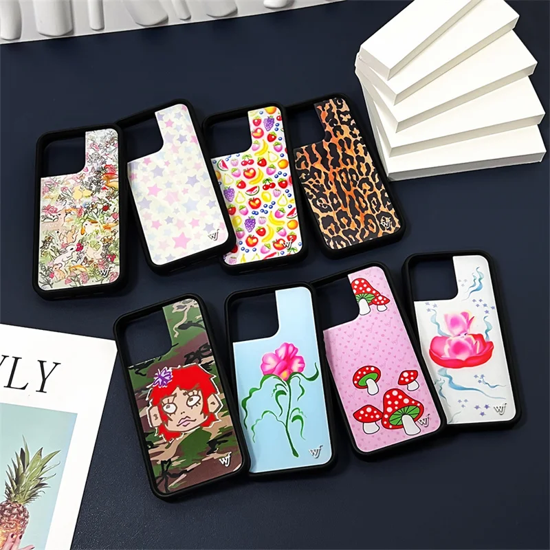 Cute 3D Mushroom Camouflage Leopard Luxury Wildflower  Phone Case For iPhone 13 12 14 15 16 Pro Max Metal wf Label Cartoon Cover