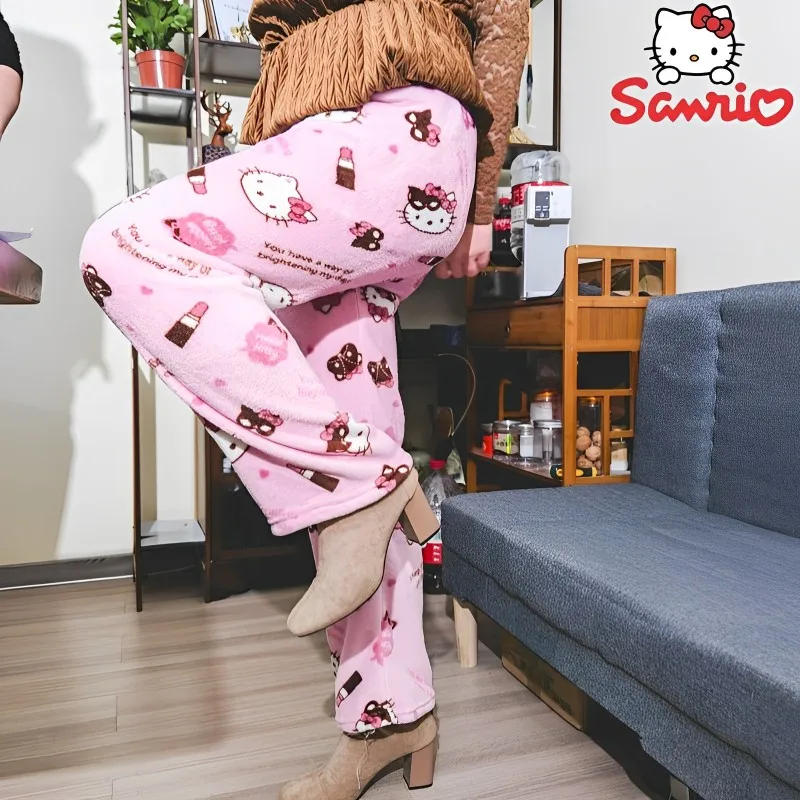 2023 Hot Sanrio Hello Kitty Kuromi Pajamas Halloween Flannel Fashion Trouserswomen Kawaii Woolen Anime Cartoon Casual Home Pants