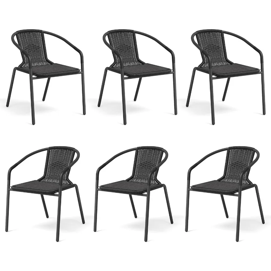 Rattan Outdoor Dining Chairs Set of 6 Wicker Stackable Patio Chairs with All Weather Curved Back Metal Frame for Indoor Restaur