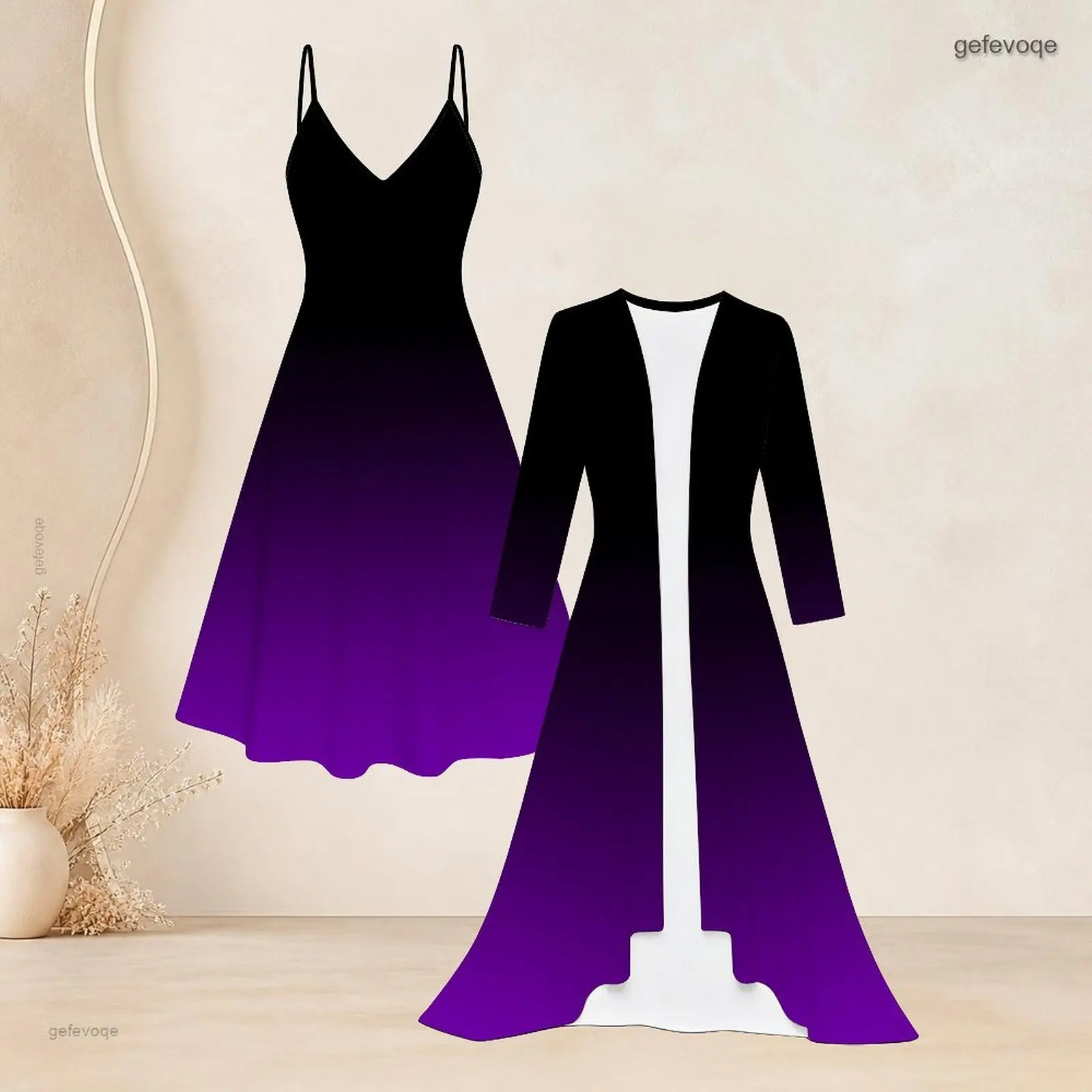 Women Printed Black to Purple Gradient 2 Piece Set, Strappy Flared Dress and Long Sleeve Open Front Cardigan