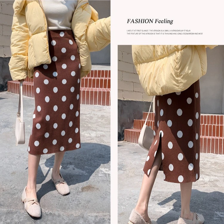 Japanese Sweet Women Polka Dot Knit Midi Skirt Slim Fit Elegant Side Slit Stretch Knitted Sweater Skirt for Casual/Office Coffee