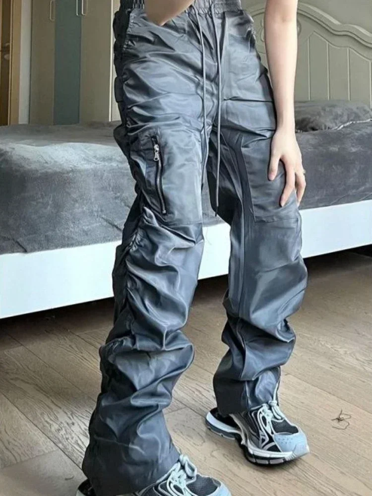 Männliche Hosen Falten Herren Cargohose Biker Grau Hip Hop Motorrad Emo Modekleidung Ästhetisch Hochwertiges Nylon Luxus