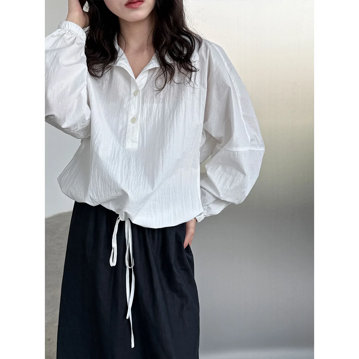 

Women Blue Drawstring Big Size Casual Blouse New Stand Collar Long Sleeve Shirt Fashion Tide Autumn and winter women's clothing