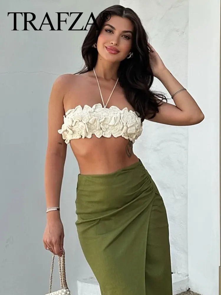 

TRAFZA 2024 Summer Woman Camis Knitted Solid Halter Neck Backless Slim Short Tops Chic Sexy Bow Lace Up Women's Streetwear TRAF