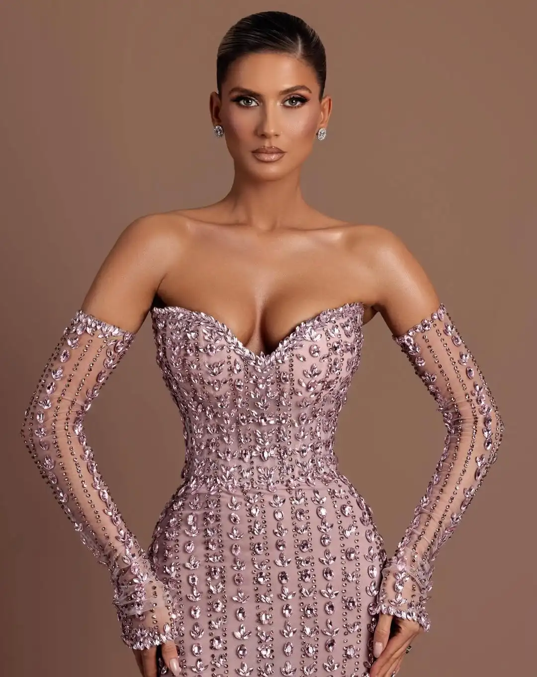 Luxe trend zeemeermin off-shoulder kristal kralen pure mouw chiffon ruches vloerlengte slanke avond prom formele feestjurk