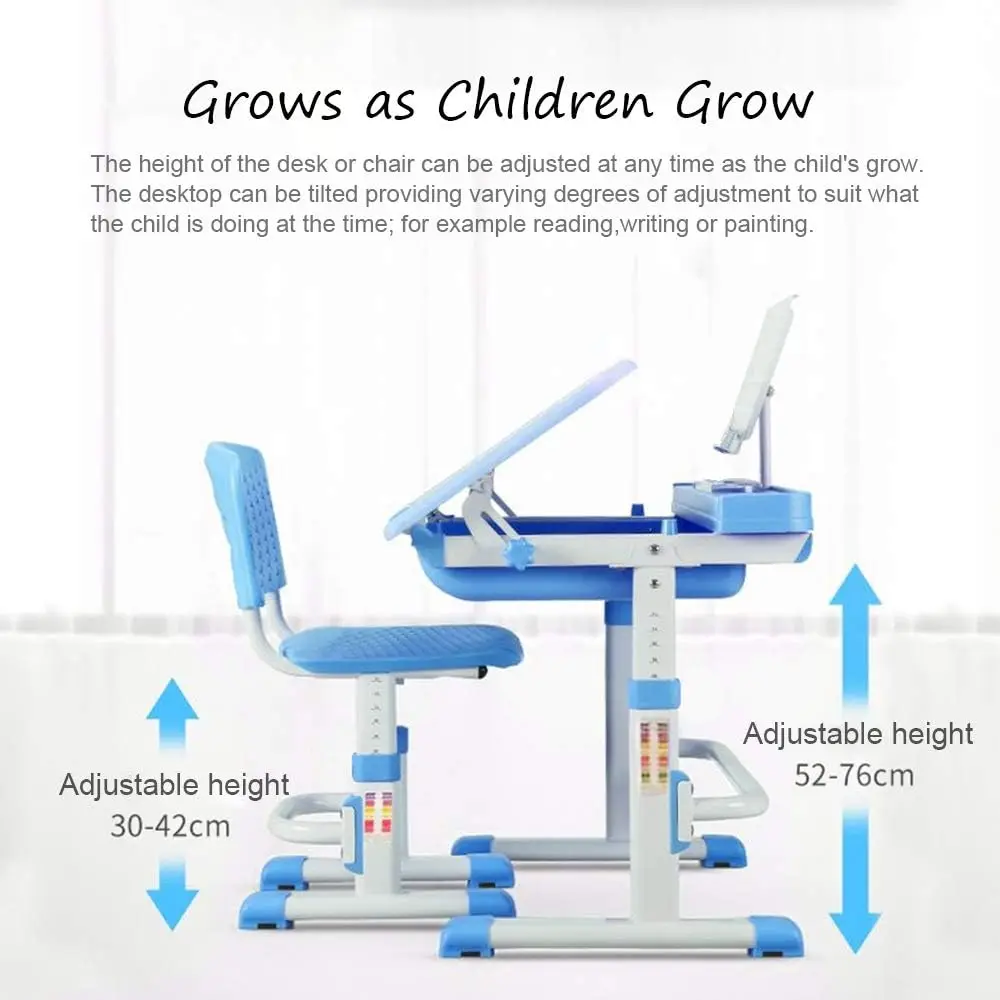 مجموعة مكتب وكرسي للأطفال، مكتب دراسة مدرسي للأطفال قابل للتعديل الارتفاع مع سطح مكتب مائل، حامل كتب، مصباح LED، خطاف معدني #4