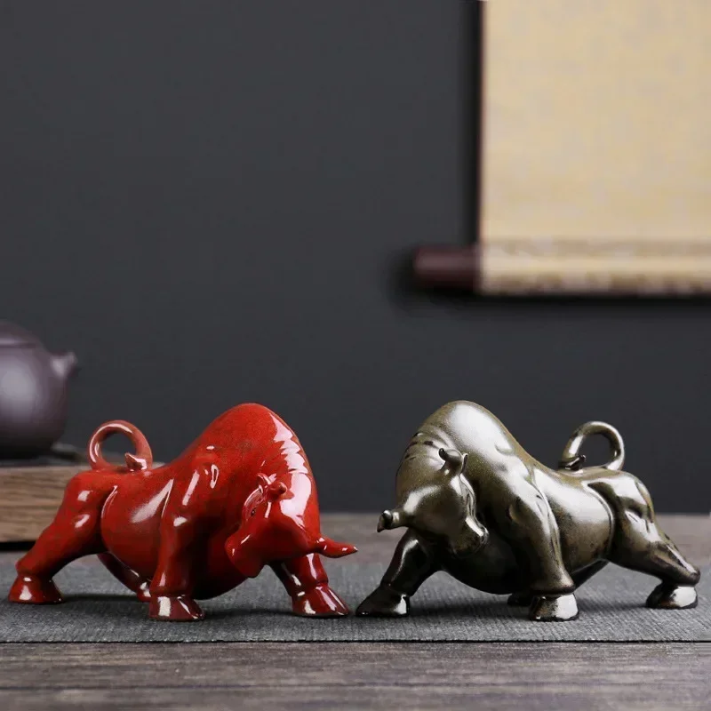 Ceramics Wall Street Bull Statue, Handmade ，Home living room tea room domineering decorations Fortune Statue best gift