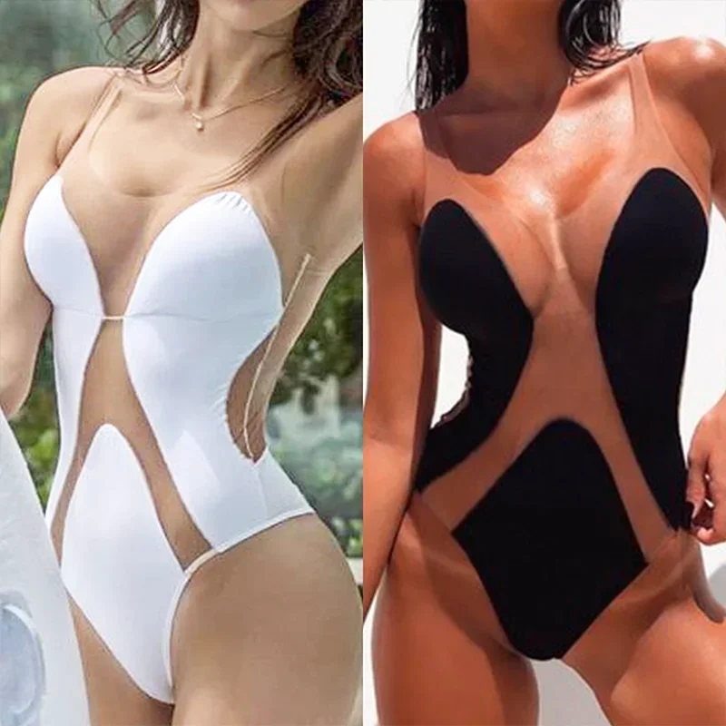 2024 Sexy Mesh See Through One Piece Swimsuit Women High cut Swimwear Female Black White Monokini High Waist Bathing Suit Swim