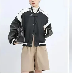 Women Bomber Jackets Moto Biker Coat Windbreak Spliced Faux Leather Sleeves Spring Autumn Fashion Women Clothes