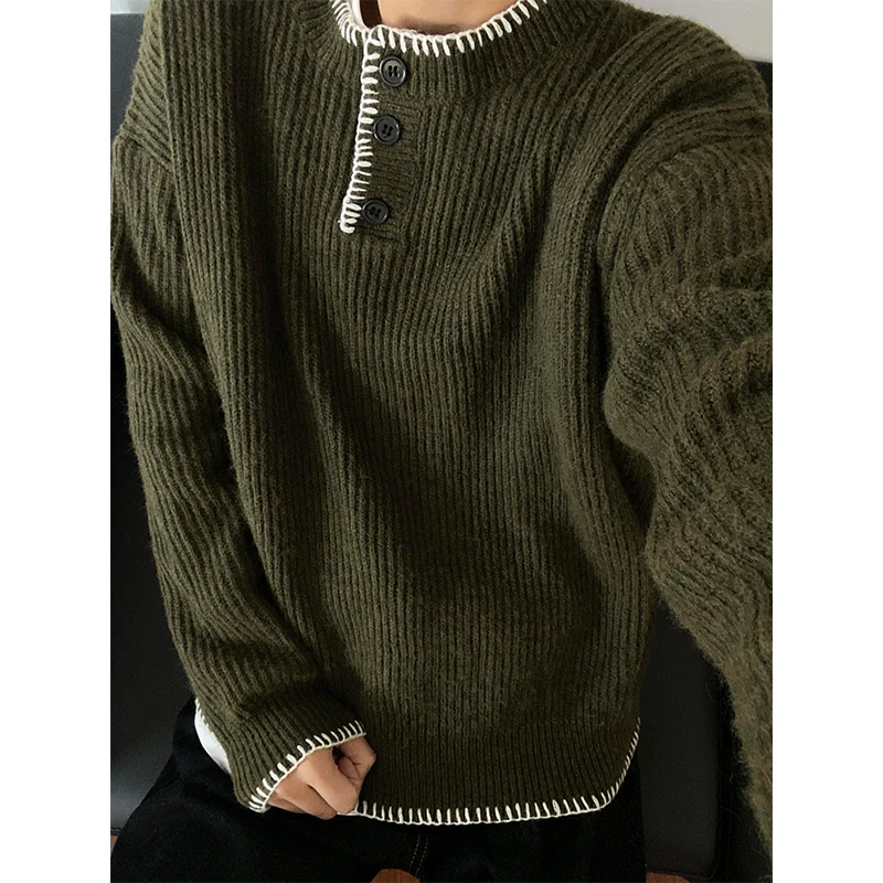 

Мужской осенне-зимний вязаный свитер с воротником хенли, ручной строчкой, свободного кроя, с длинными рукавами, повседневный