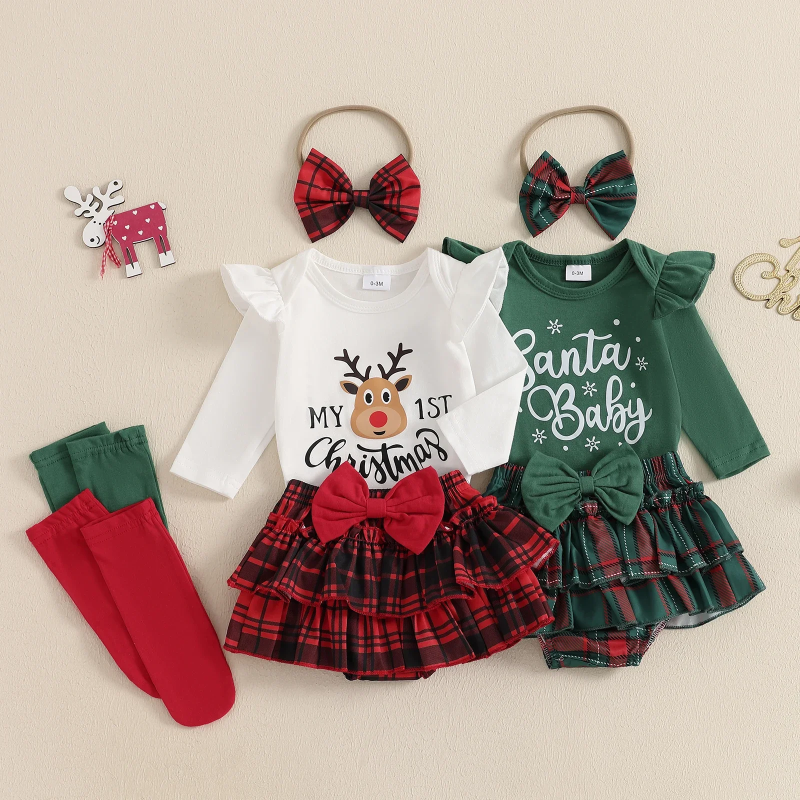 Xmas Baby Sets Baby Girl Letter Print Ruffle Long Sleeve Romper Plaid Layered Ruffle Shorts Bow Headband Socks Christmas Costume