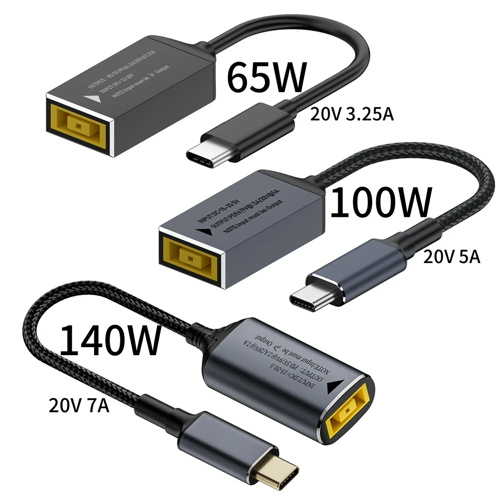 

65W 100W 140W USB C Fast Charging Cable for Lenovo Laptop Charger DC Jack Square Plug To Type-C 5V/9V/20V PD Adapter Converter