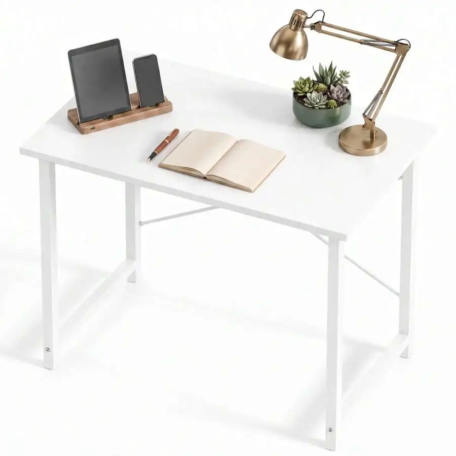 31 Inch Computer Desk, Small Writing Desk With Metal Frame, Compact Home Office Desk For Bedroom, Study Room & Indoor Spaces, White