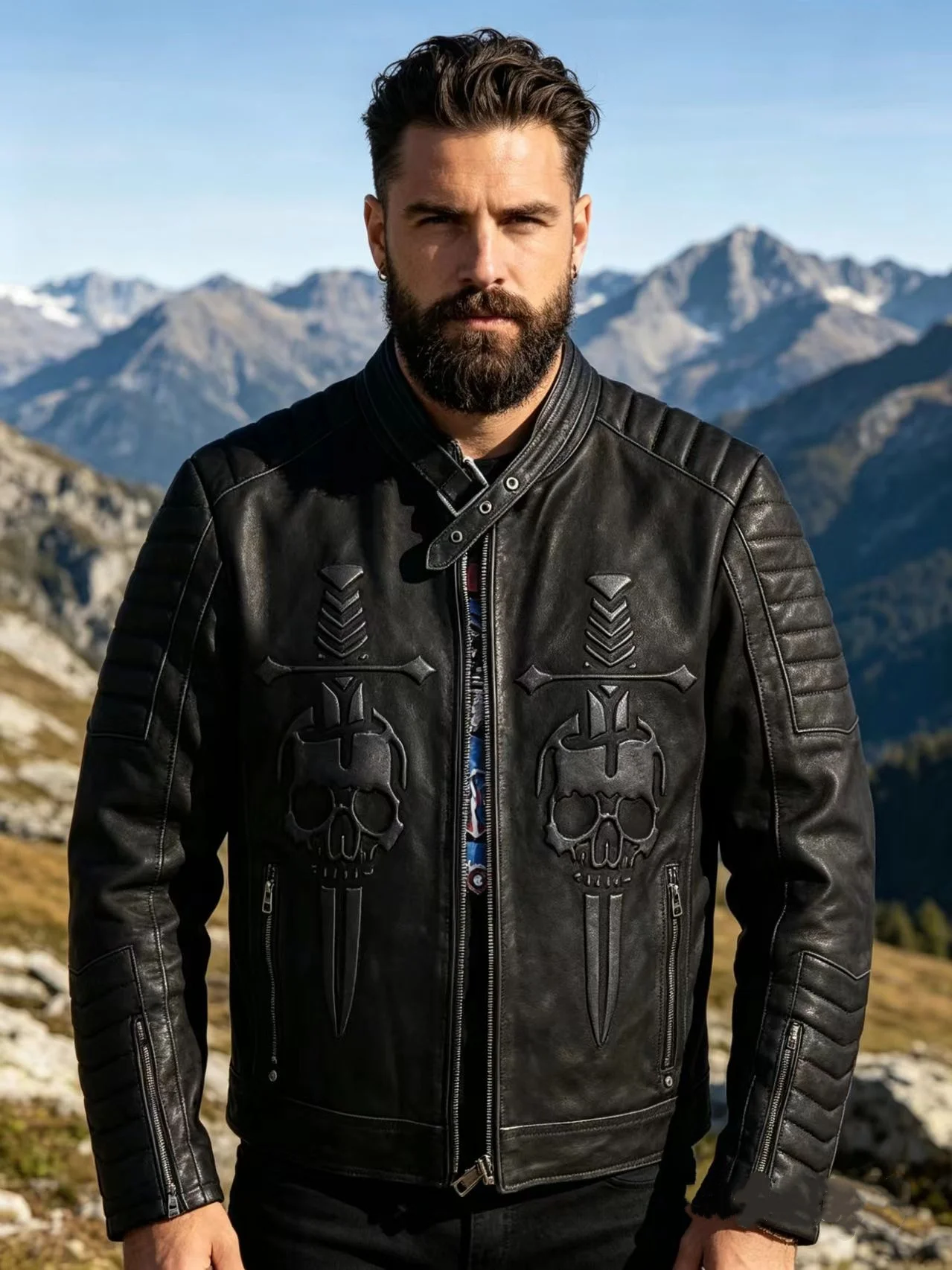 Black Winter Leather Jacket Men Vintage Style Plus Size 5XL Genuine Natural Cowhide Stand Collar Skulls Pattern Sports Coat