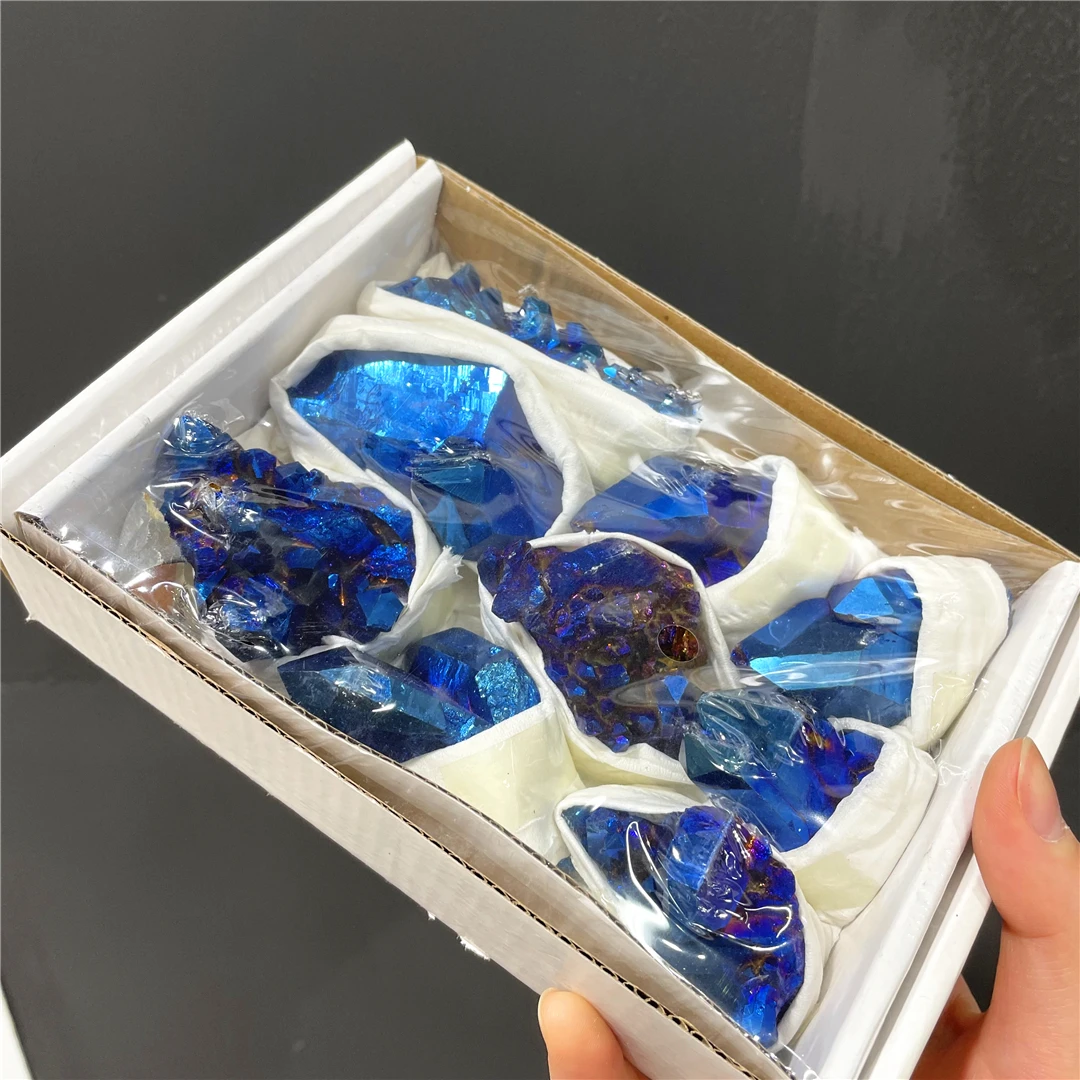 

Natural Original Raw White Crystal Cluster Box Blue Aura Mineral Sets Electroplating Quartz Rock Stone Flowers Decor Feng Shui