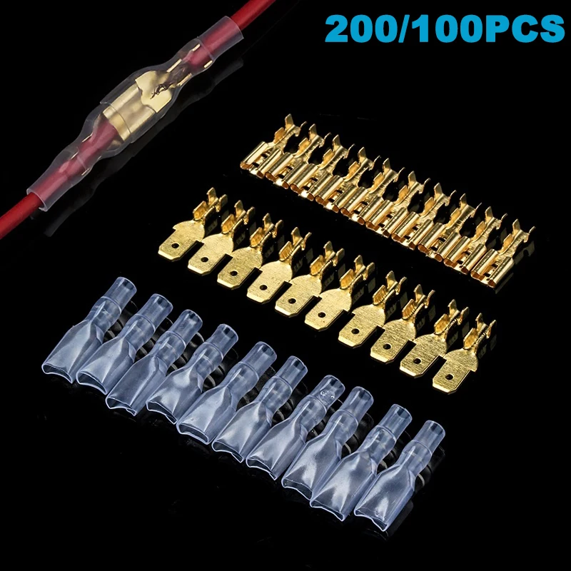 100 Teile/los 2.8/4.8/6,3mm Weiblich Männlich Crimp Terminal Draht Stecker Gold Messing/Silber Auto Lautsprecher elektrische Kabel Terminals Kit