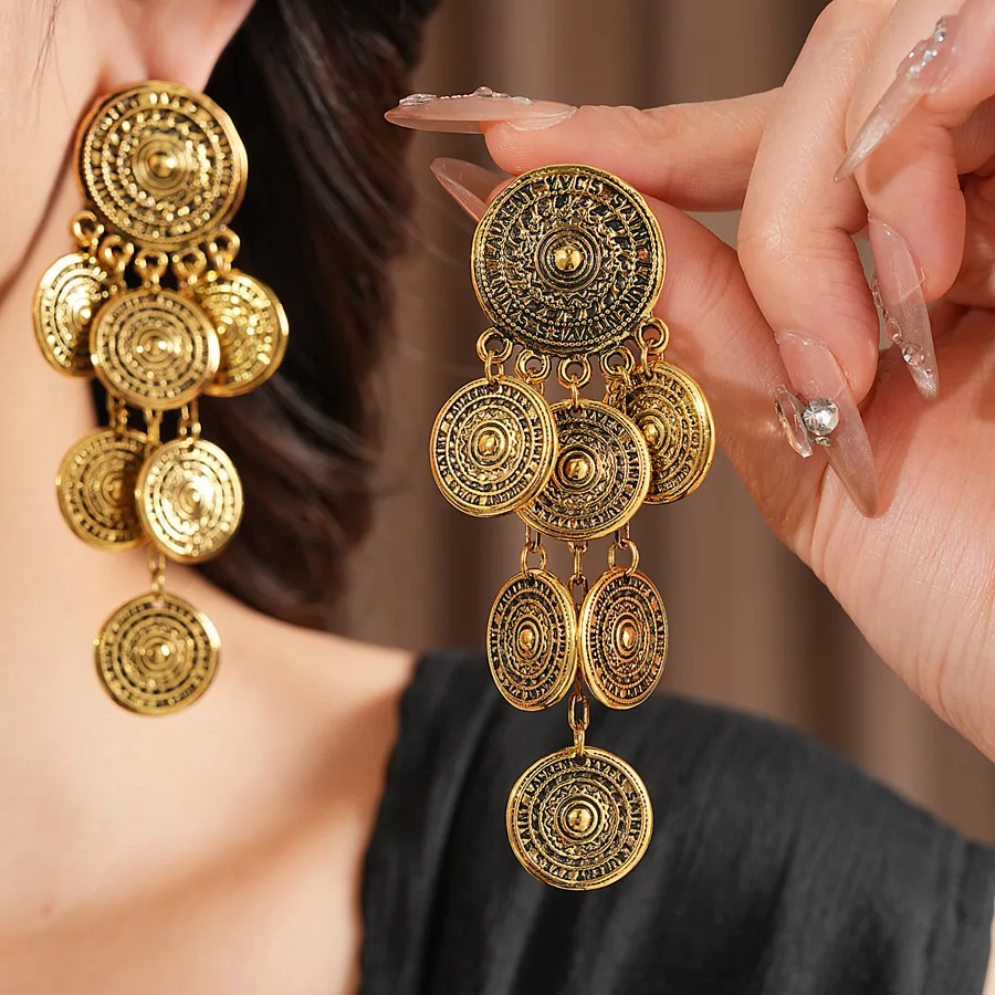 3pcs Elegant Vintage Jewelry Set for Women Long Circle Overlay Necklace Fashion Trend Choker Bridal Wedding Earrings Party