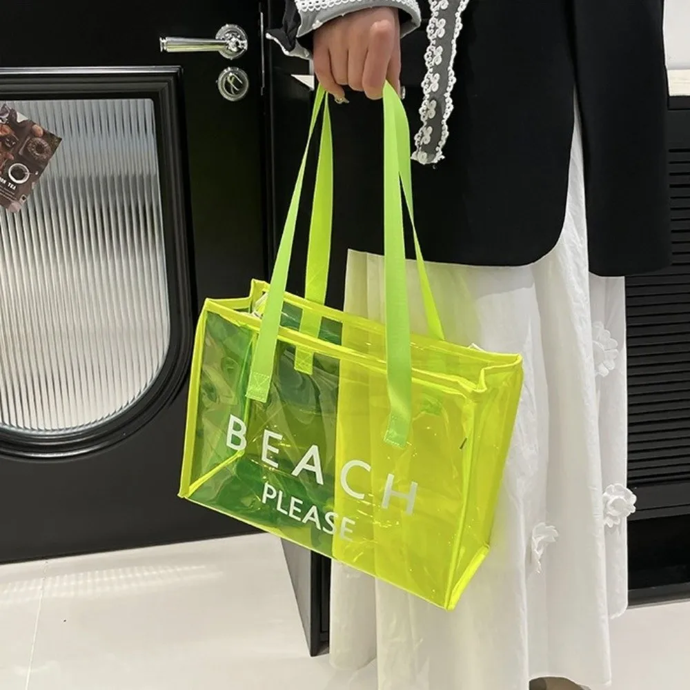 Fashion PVC Transparent Tote Bag Zipper Waterproof Jelly Handbag Cosmetic Bag Reusable Letter Shoulder Bag Beach