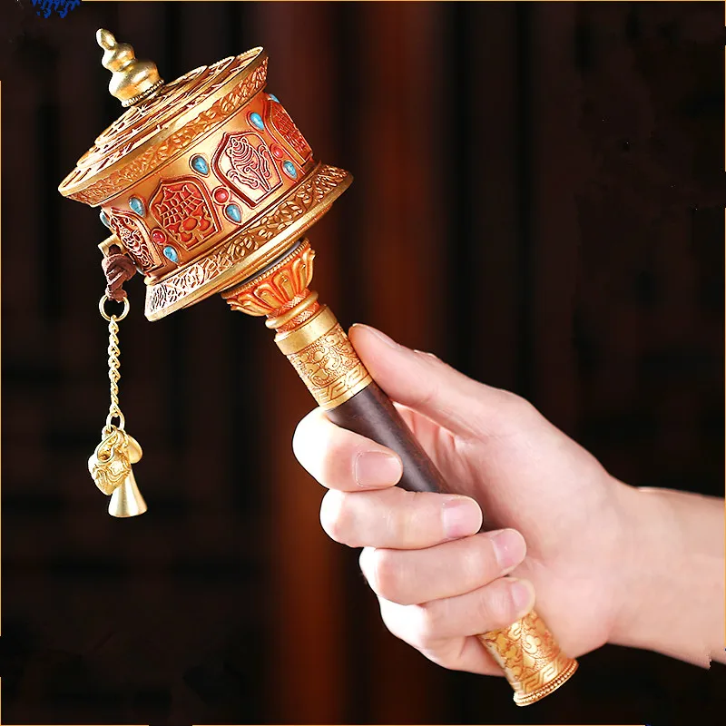 26.5cm Tibetan Pure Copper 32800 Times Mantra Smooth Quiet Eight Auspicious Scripture Hand Cranking Prayer Wheel Crafts