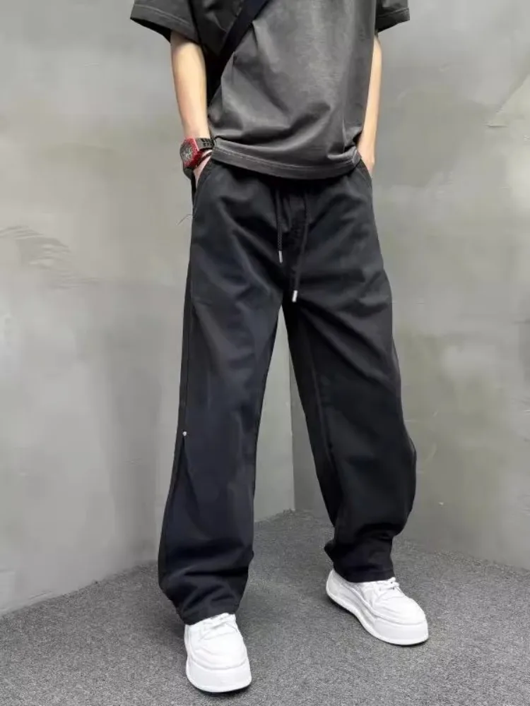 Moda para hombre pantalones vaqueros negros con cordón primavera otoño Casual Pantalones rectos ropa informal suelta Hip Hop pantalones vaqueros de pierna ancha