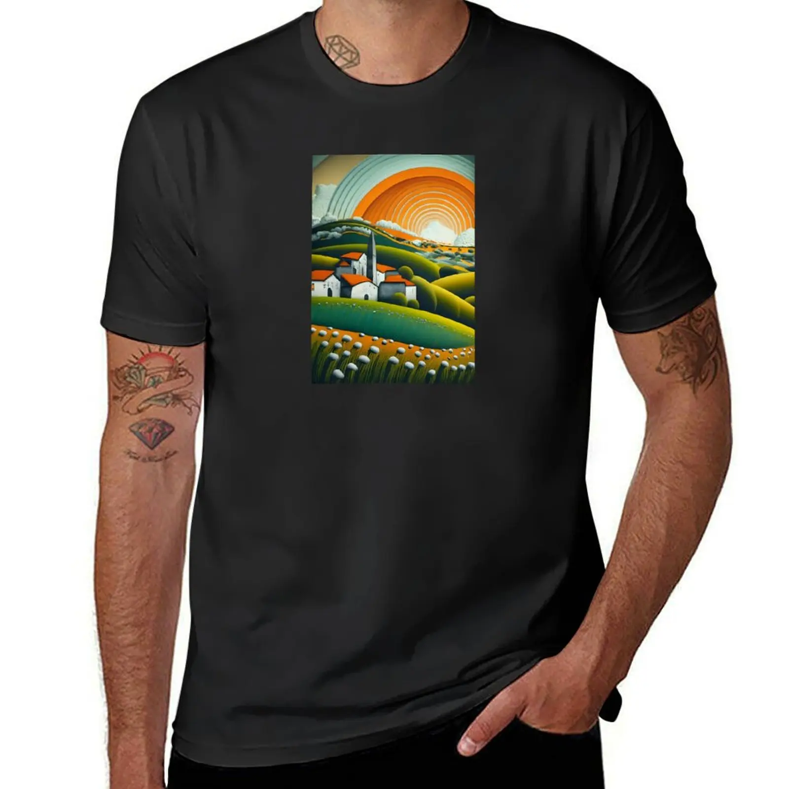 

Pointillism Golden Village T-Shirt sports fans funnys men clothes